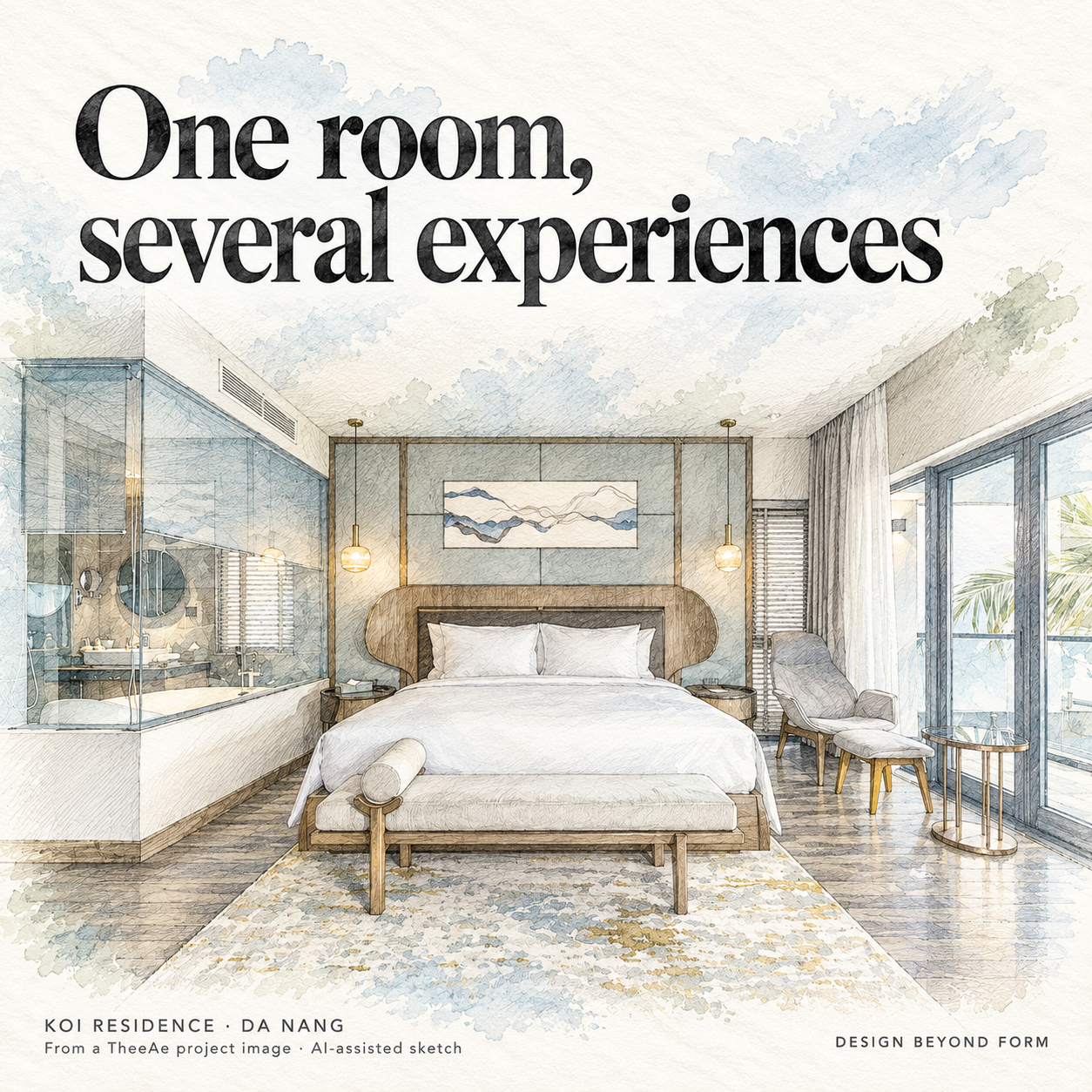 AI-assisted sketch. Frontal pencil and pastel sketch of a Koi Residence bedroom, showing a central bed, glazed bathroom on the left and window-side chair on the right. Headline: One room, several experiences.