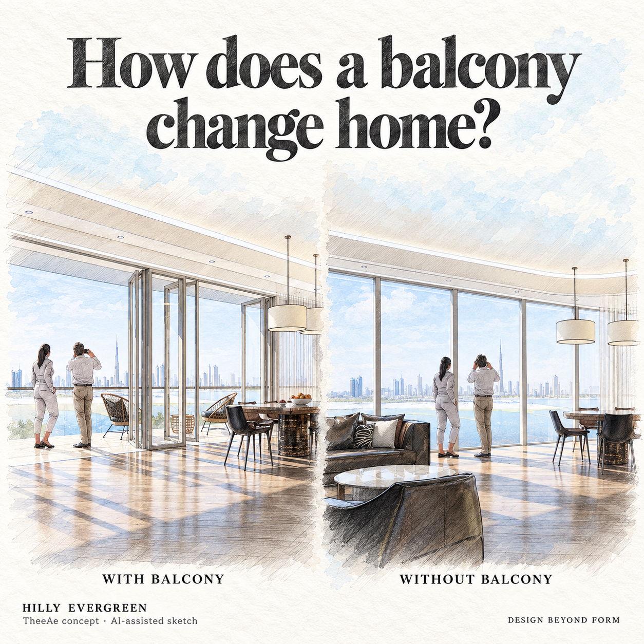 AI-assisted pastel architectural illustration for Balcony or No-balcony.