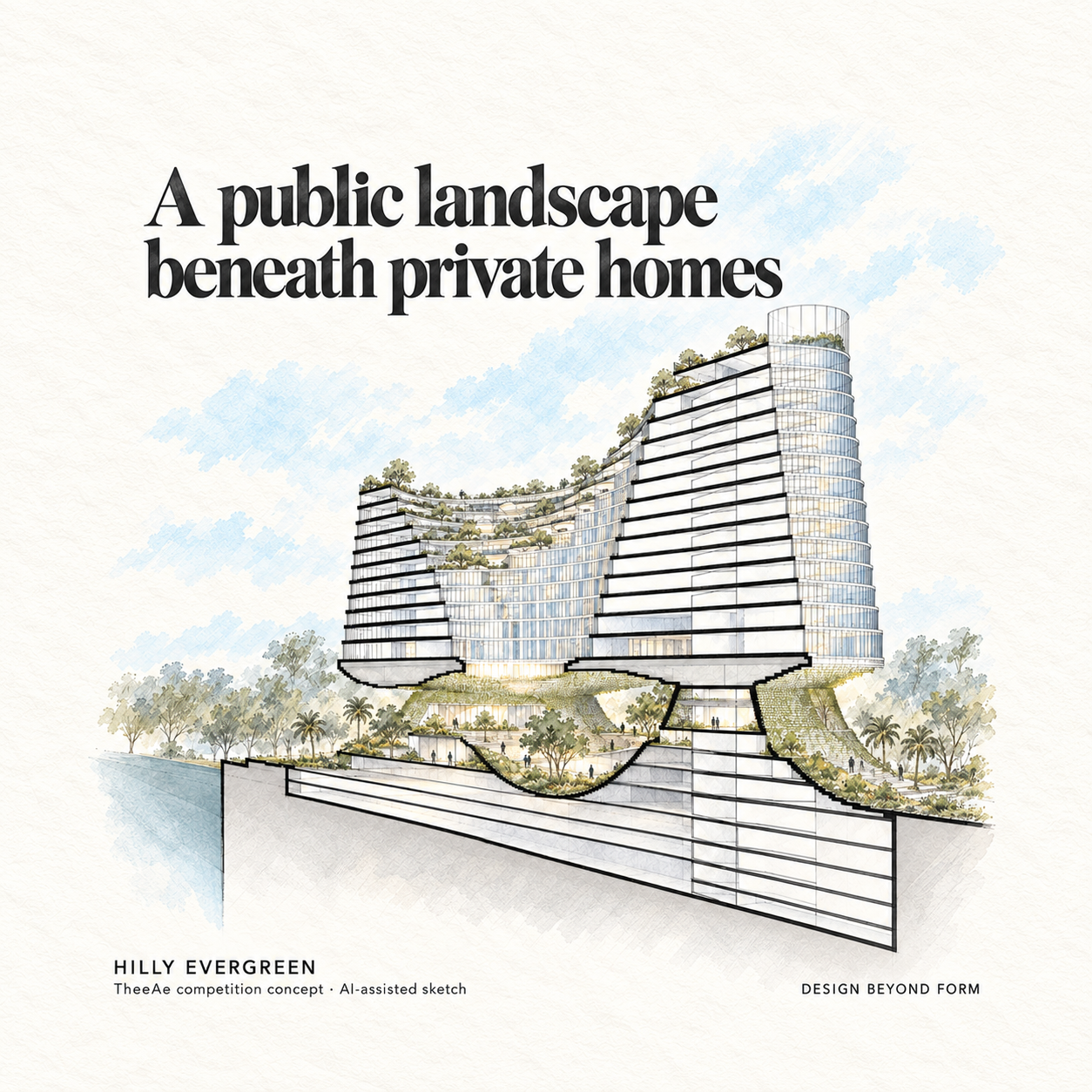 AI-assisted pastel architectural illustration for Hilly Evergreen: Dubai Creek Harbour Iconic Residential Tower.