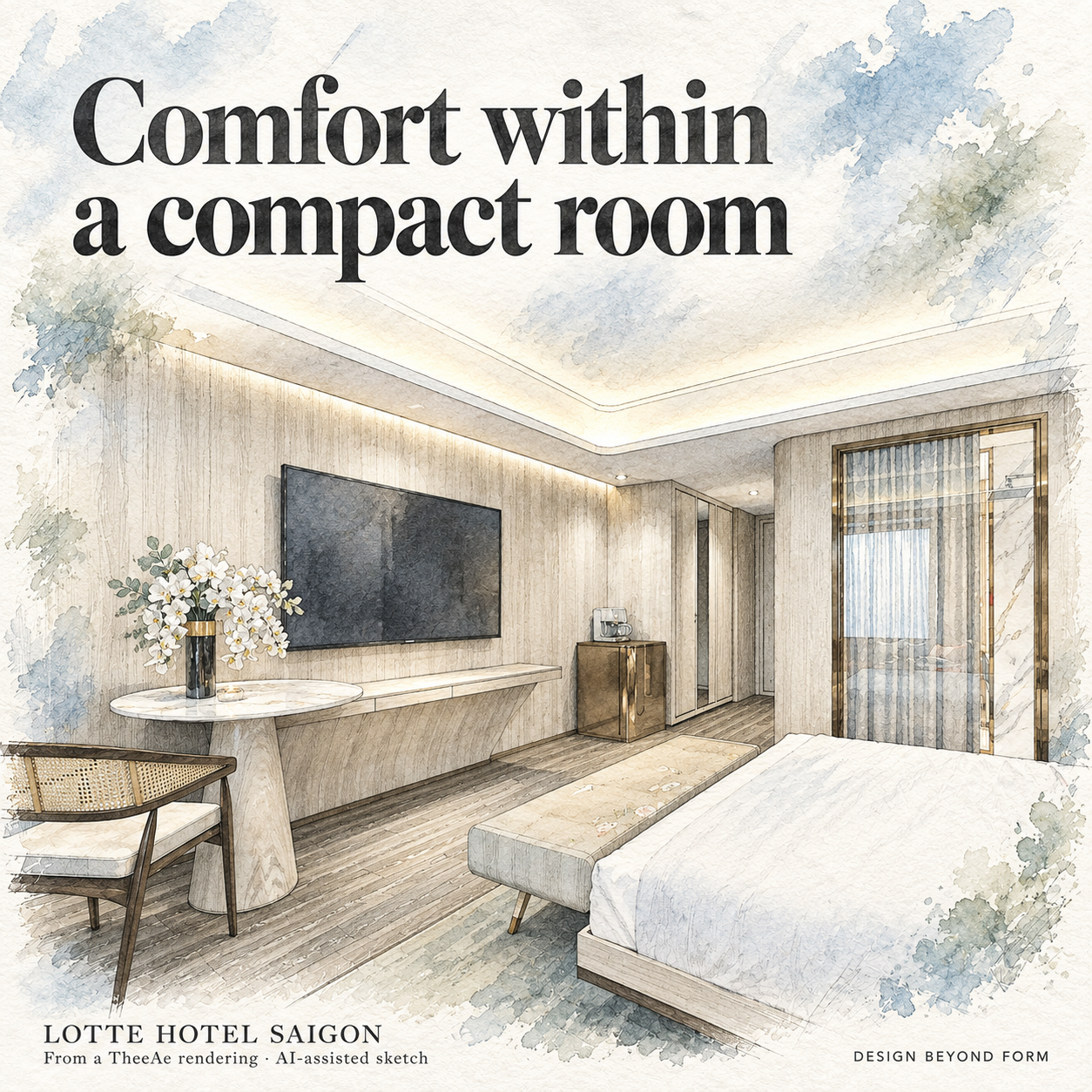 AI-assisted pastel architectural illustration for ‘Lotte Hotel Saigon’ Standard & Suite room.