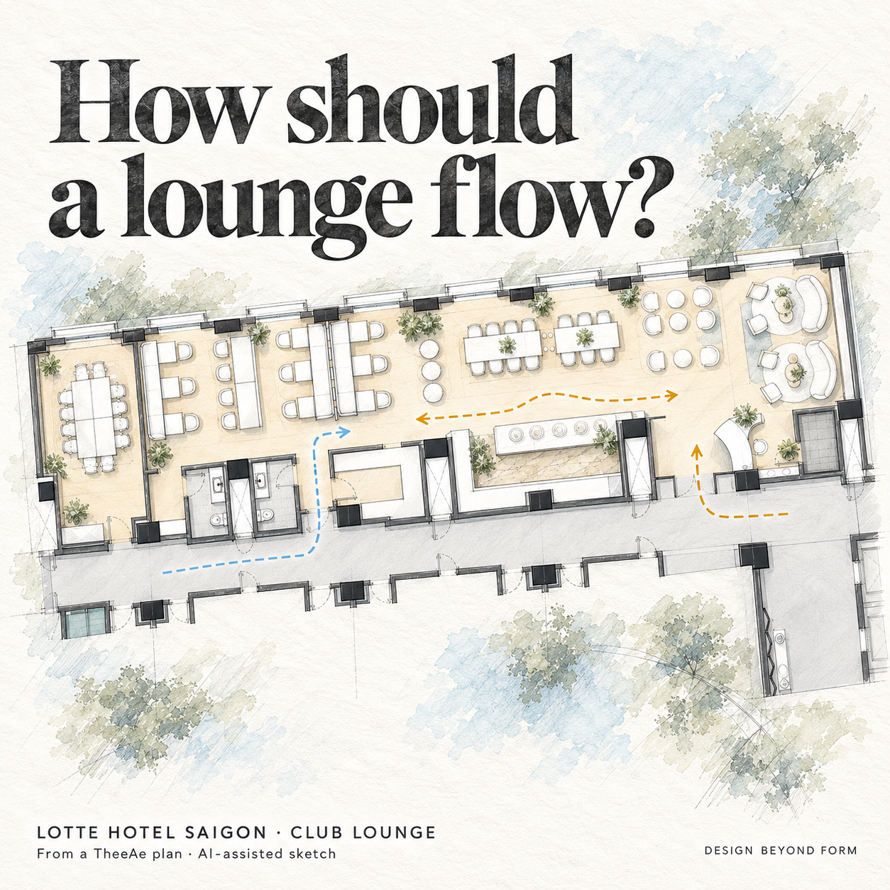 AI-assisted pastel architectural illustration for ‘Lotte Hotel Saigon’ Club Lounge.