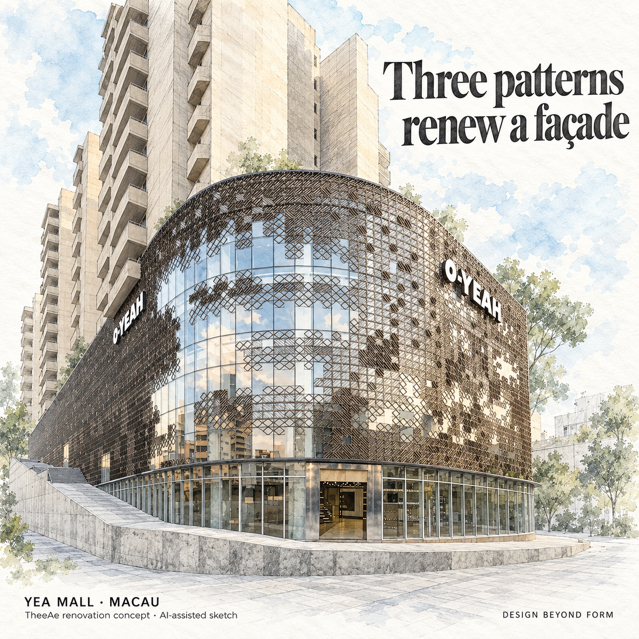 AI-assisted pastel architectural illustration for Yea Mall – Macau.