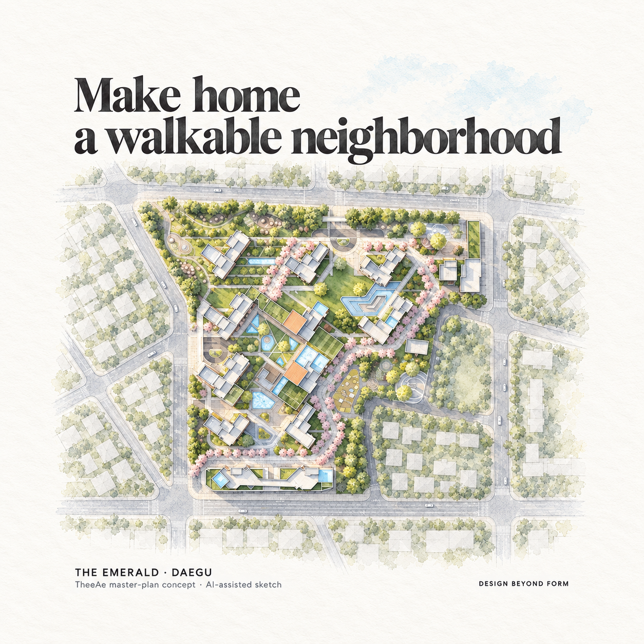 AI-assisted pastel architectural illustration for Apartment Complex Master Plan.