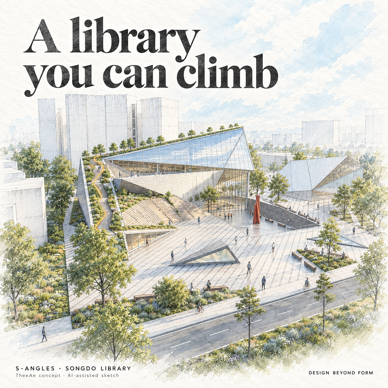 AI-assisted pastel architectural illustration for S-Angles : Songdo Library.