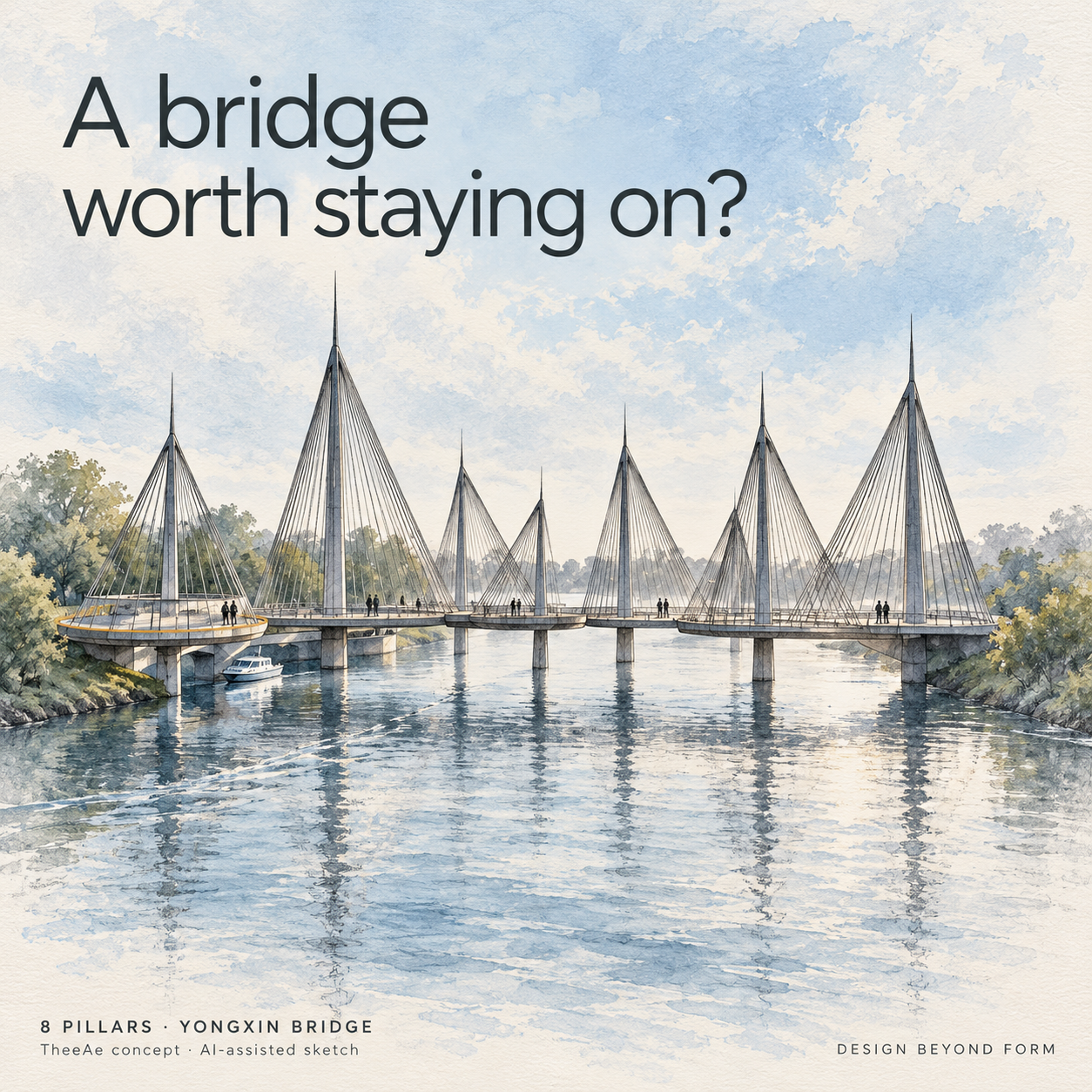 AI-assisted pastel architectural illustration for 8 Pillars : Yongxin Bridge.