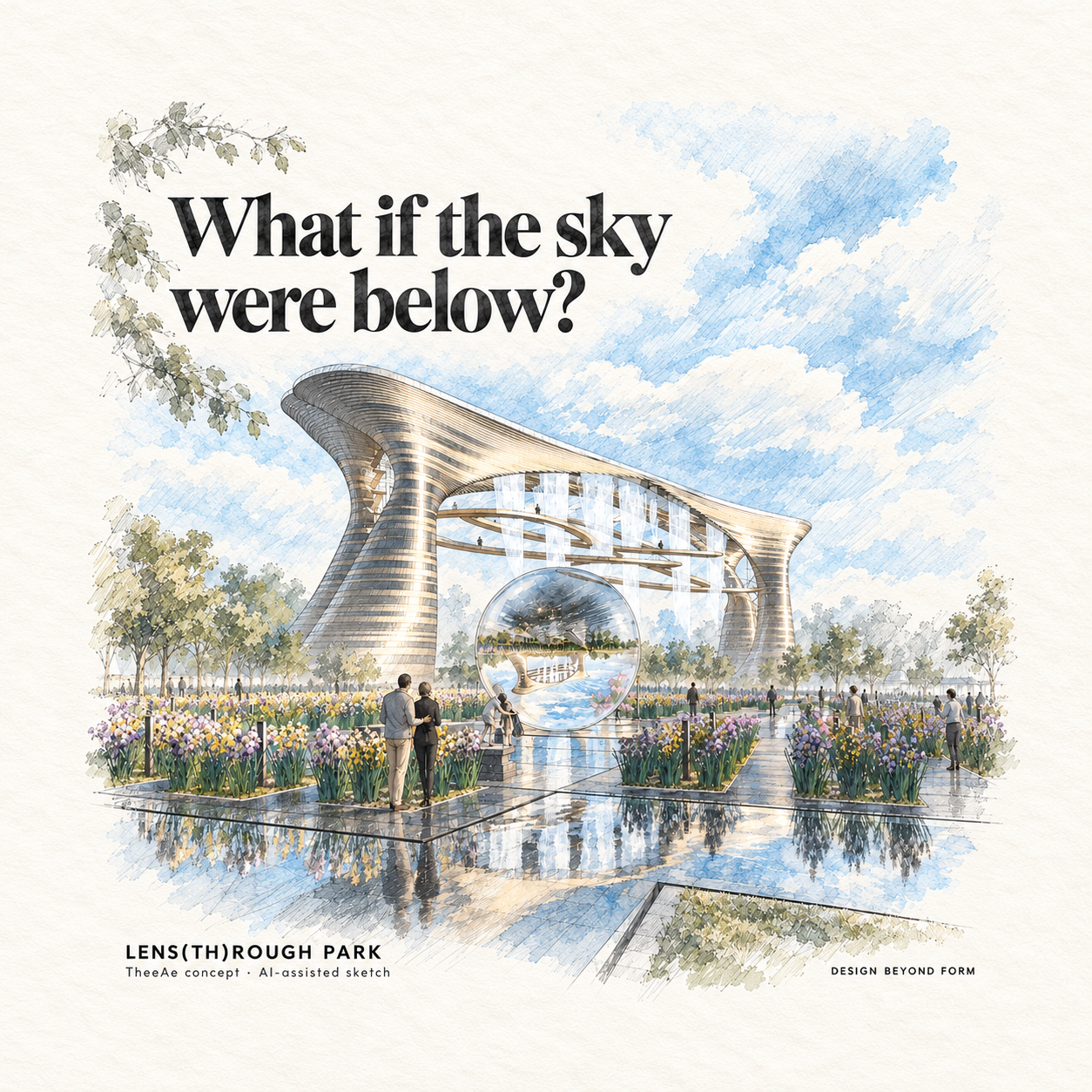 AI-assisted pastel architectural illustration for Lens(th)rough Park.