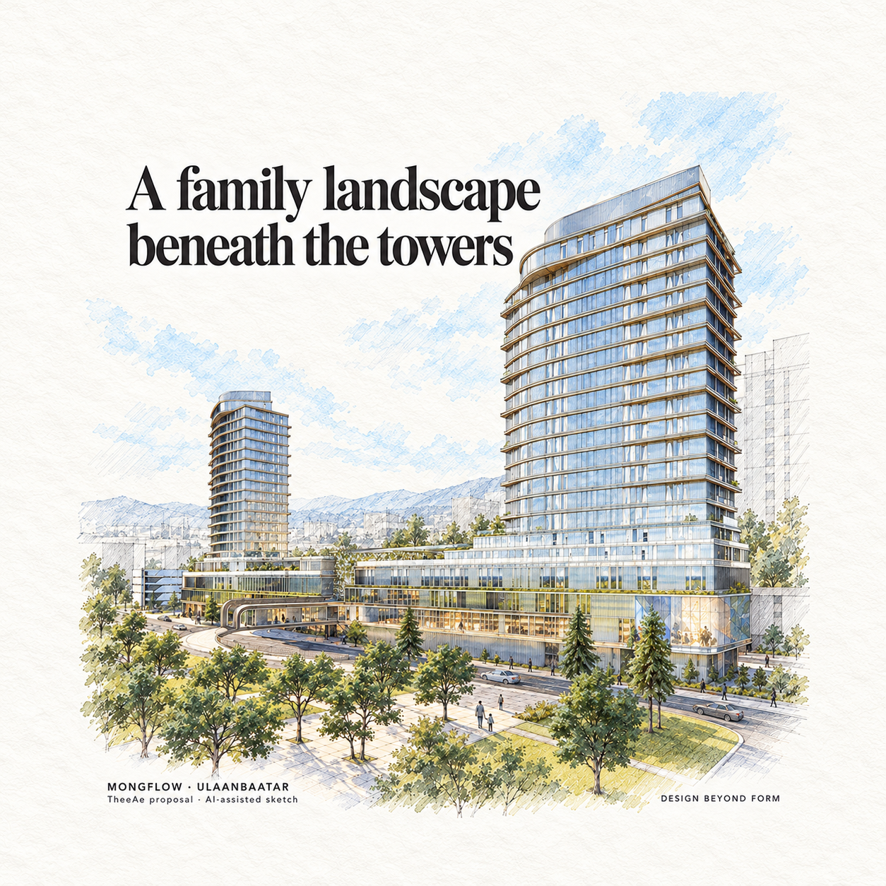 AI-assisted pastel architectural illustration for Mongflow Mall : Skypark Mixed-use.
