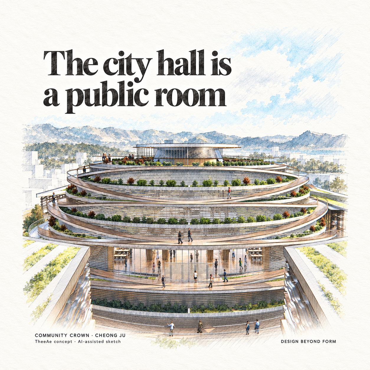AI-assisted pastel architectural illustration for Community Crown : Cheong Ju City Hall.