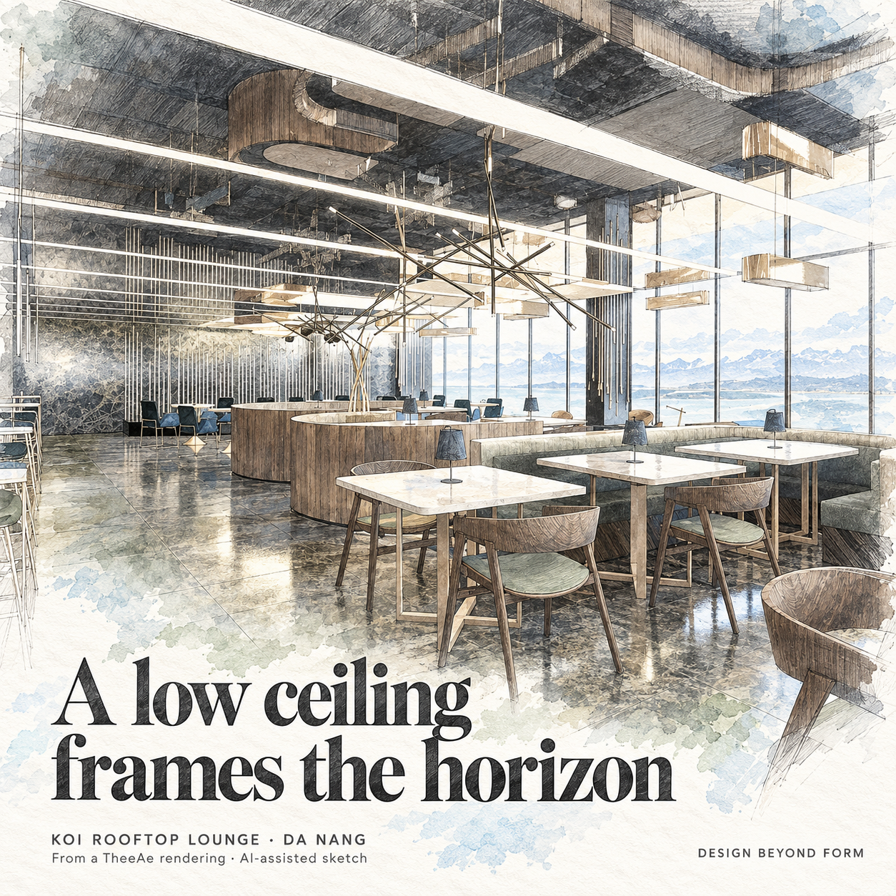 AI-assisted pastel architectural illustration for The Roof Top Club Lounge : Koi Resort & Residence.