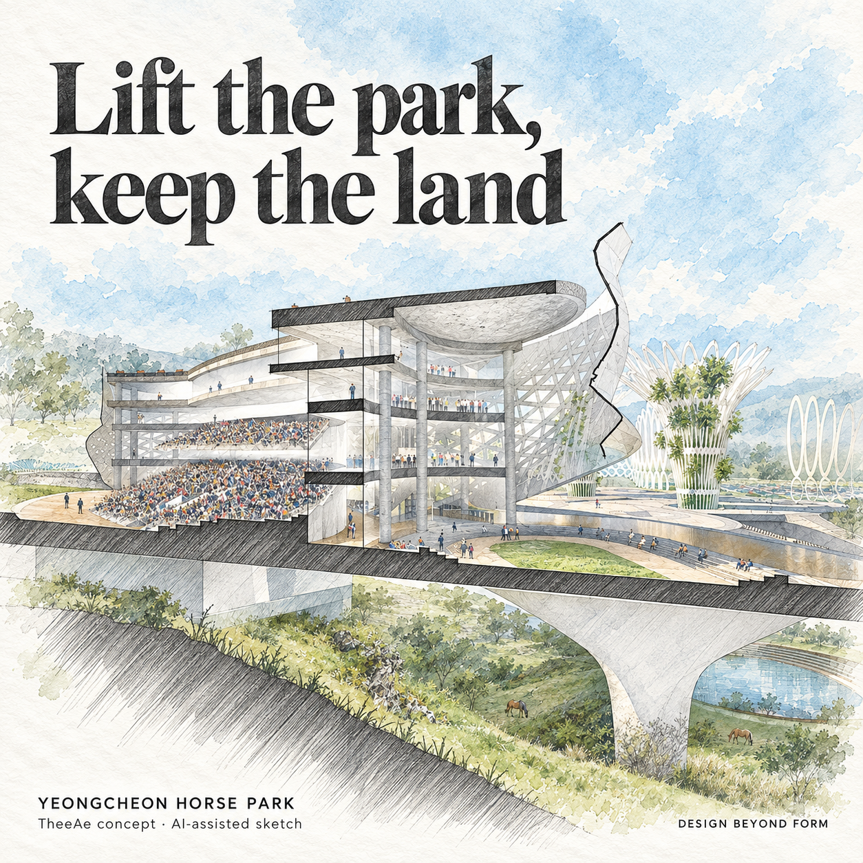 AI-assisted pastel architectural illustration for Elevated Elf Land : Horse Park Youngcheon.