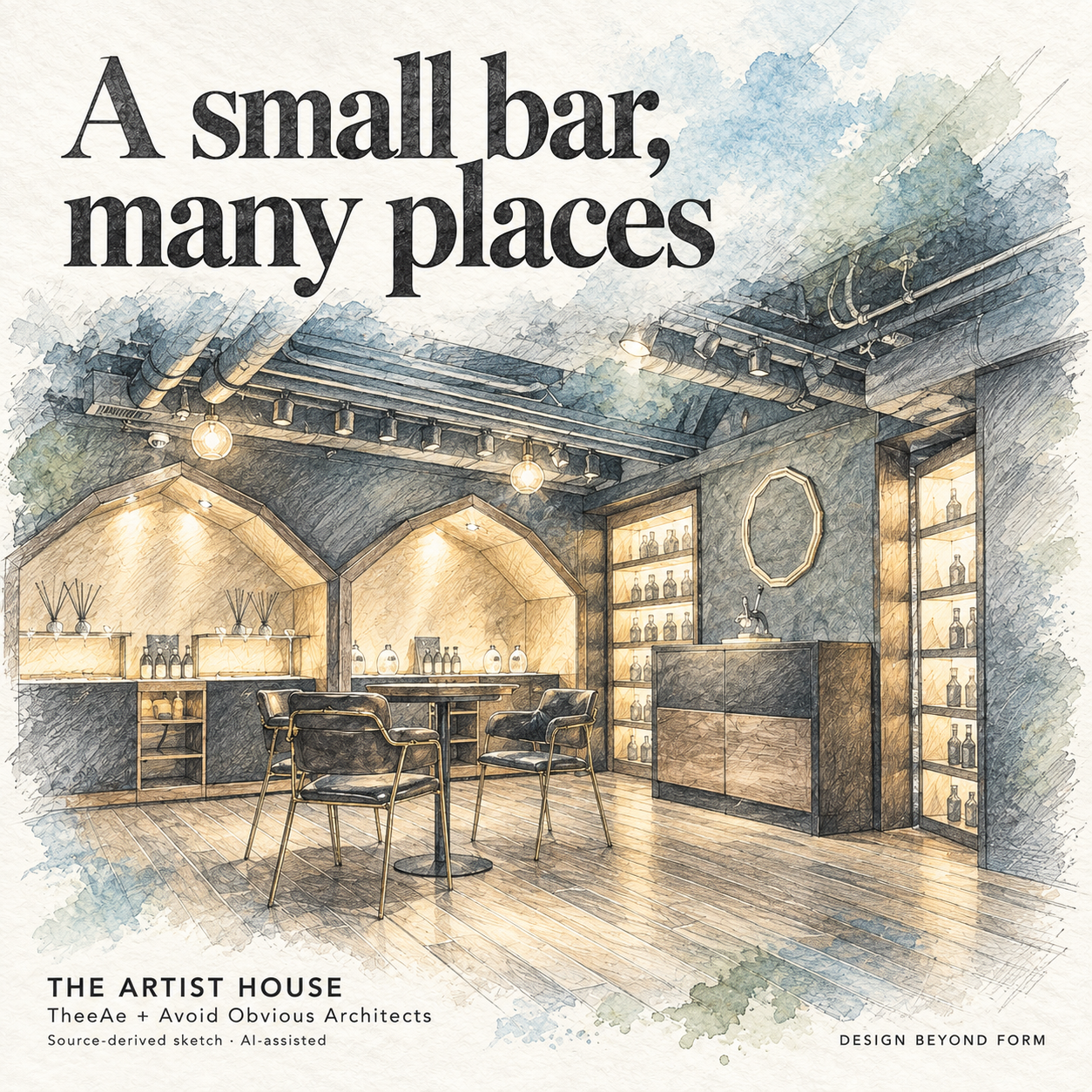 AI-assisted pastel architectural illustration for The Artist House.