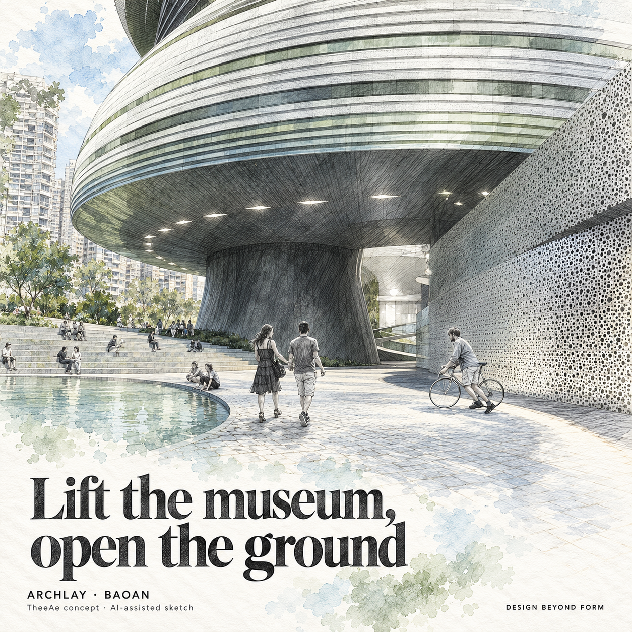 AI-assisted pastel architectural illustration for Archlay : Cultural & Art Center.