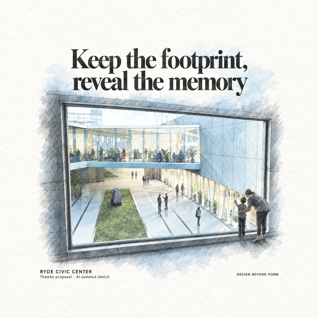 AI-assisted pastel architectural illustration for Trianglmnant : Ryde Civic Center.