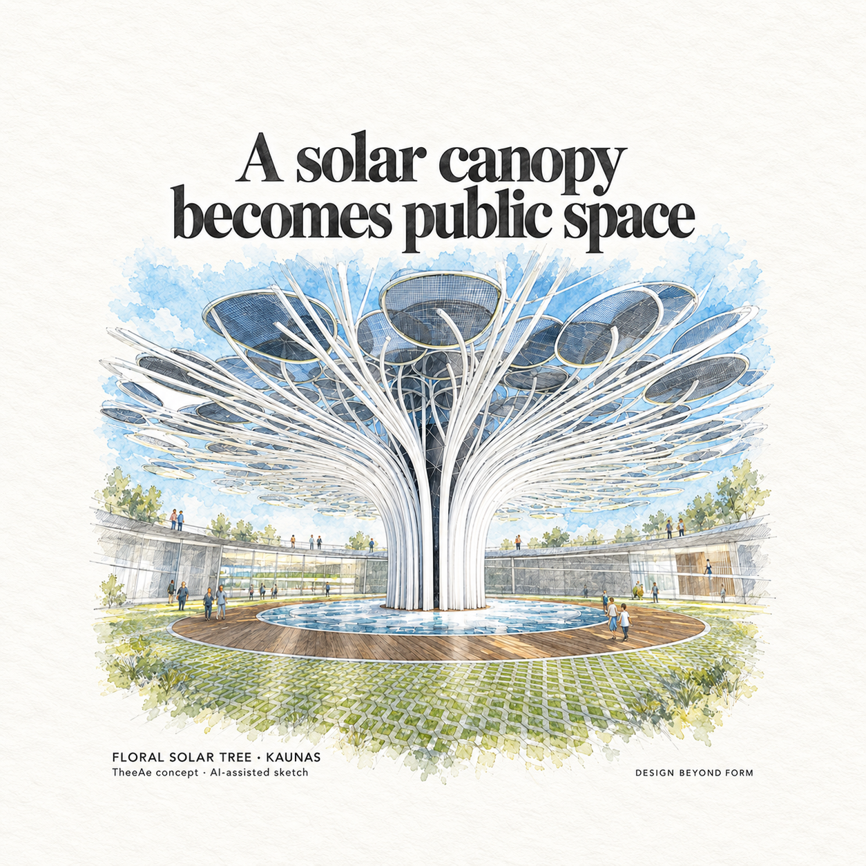 AI-assisted pastel architectural illustration for Floral Solar Tree.