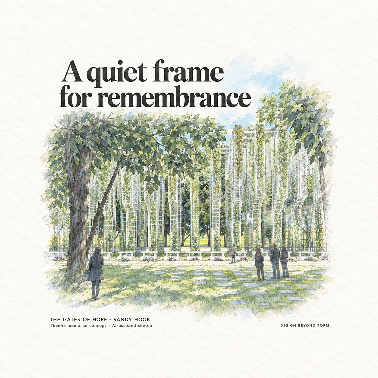 AI-assisted pastel architectural illustration for The Gate of Hope  Sandy Hook Memorial.