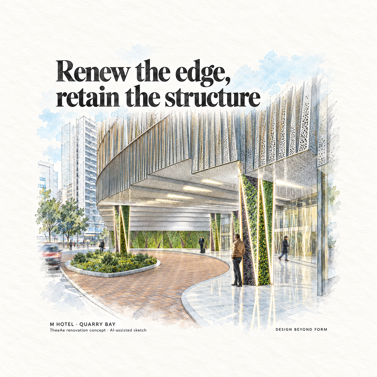 AI-assisted pastel architectural illustration for ‘M’ Hotel.