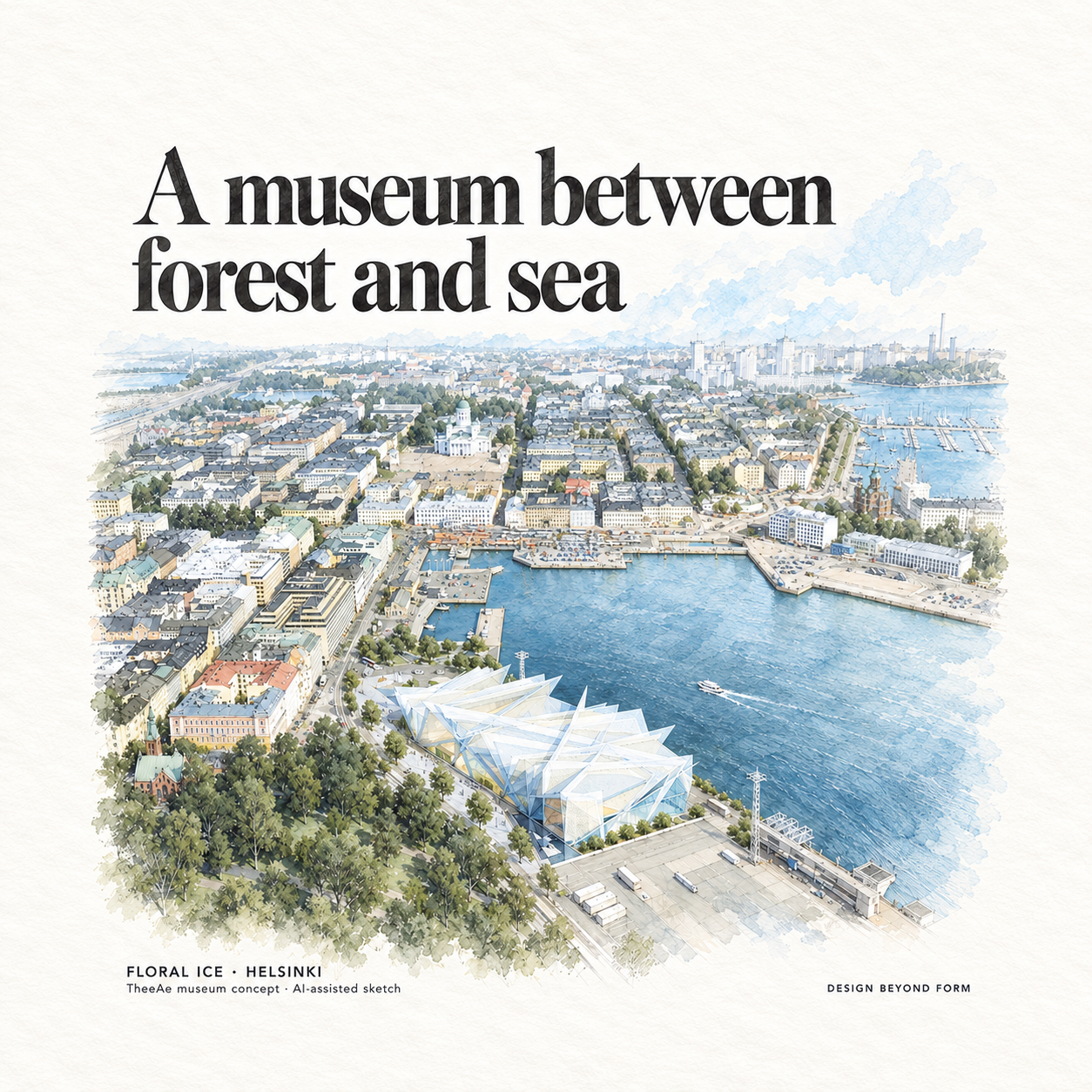 AI-assisted pastel architectural illustration for Floral Ice : The Museum of Guggenheim.