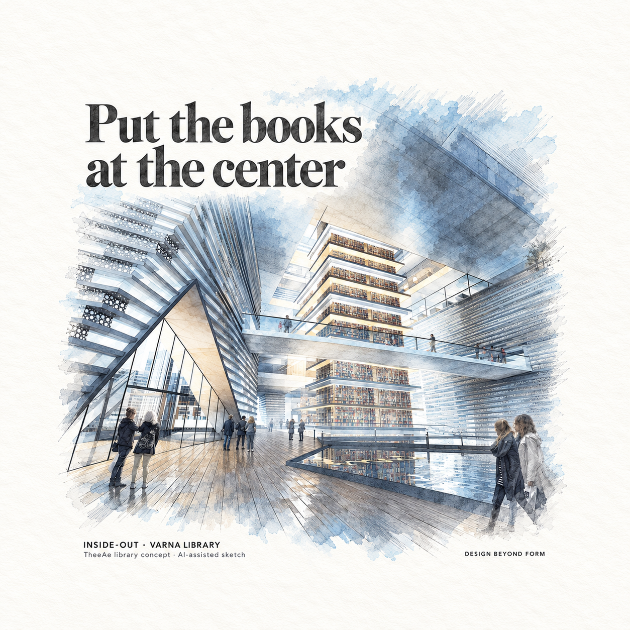 AI-assisted pastel architectural illustration for Inside-Out : Varna Library.