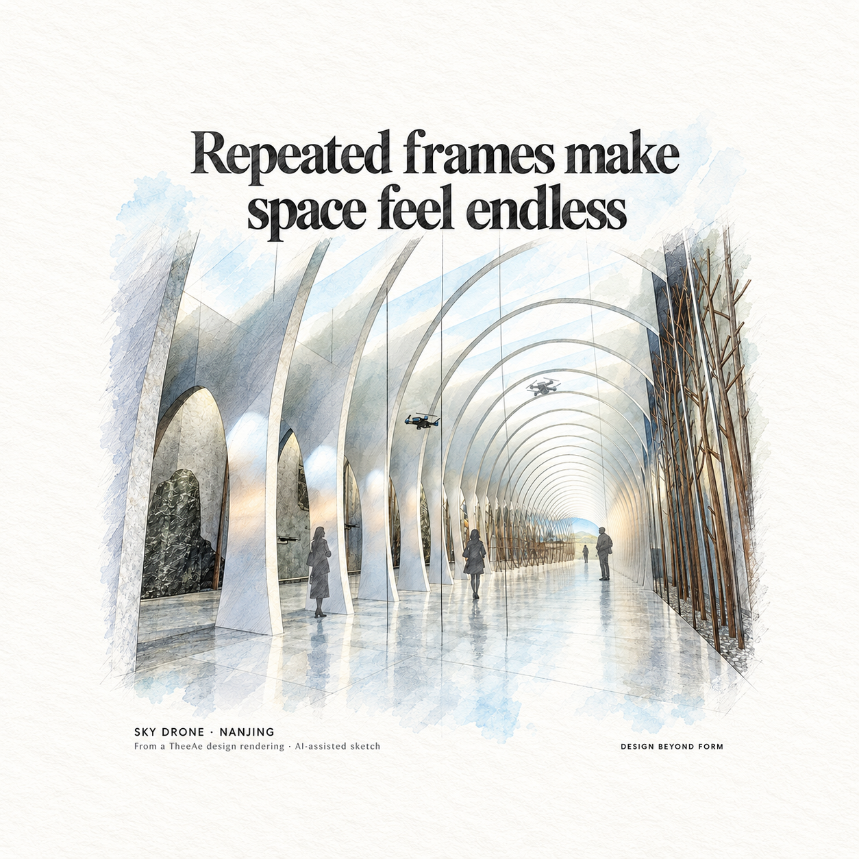 AI-assisted pastel architectural illustration for Sky Drone DJI.