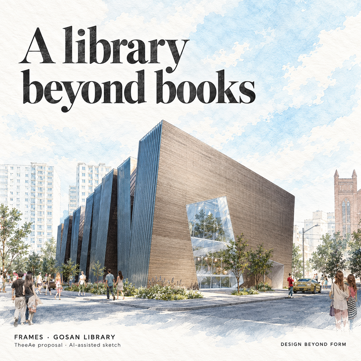 AI-assisted pastel architectural illustration for Frames : Gosan Library.