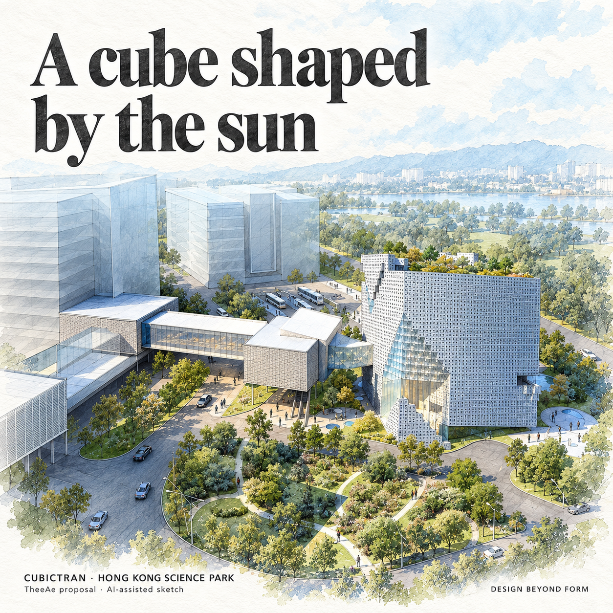 AI-assisted pastel architectural illustration for Cubictran : Biometric Center.