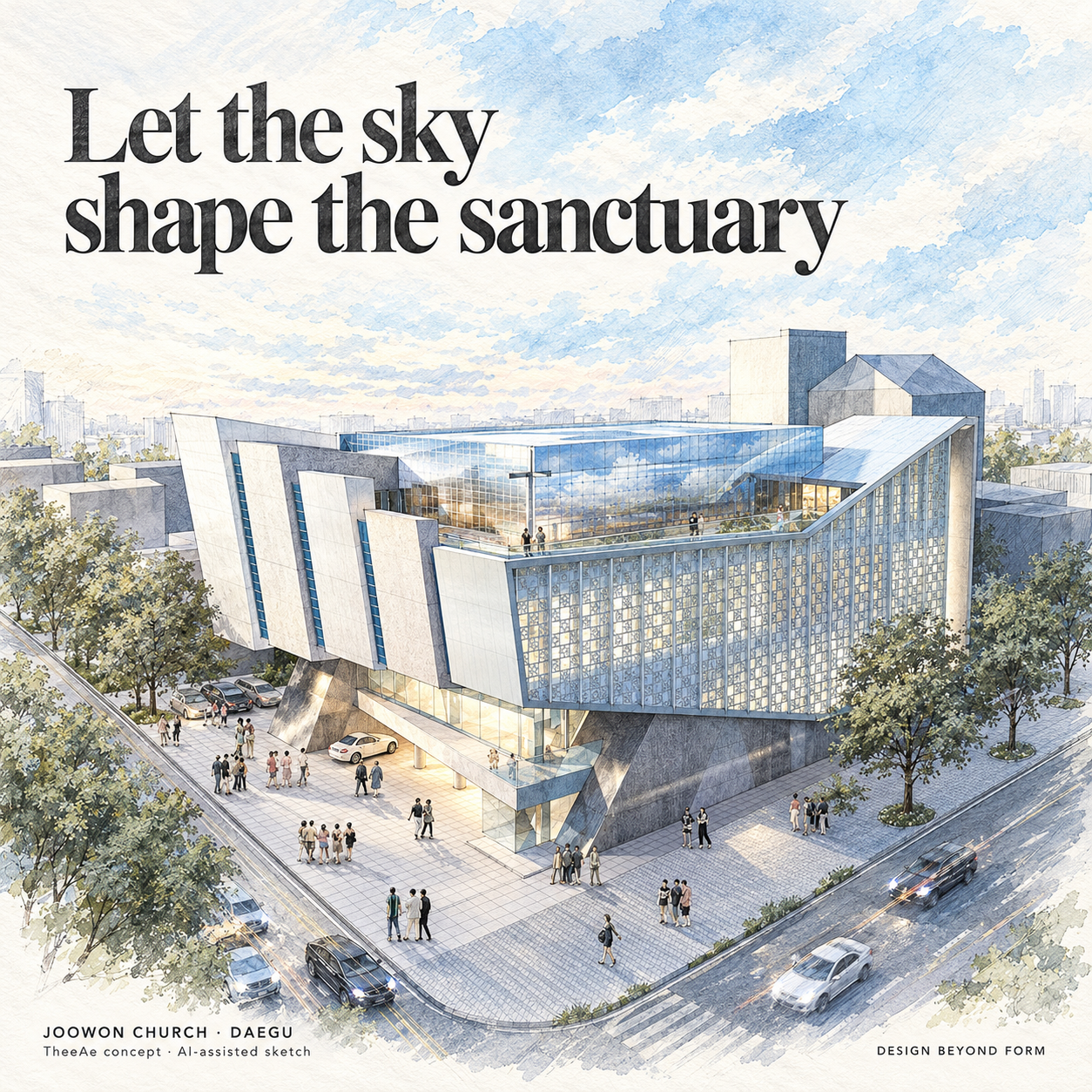 AI-assisted pastel architectural illustration for Ark of Renewal : Daegu Joowon Church.