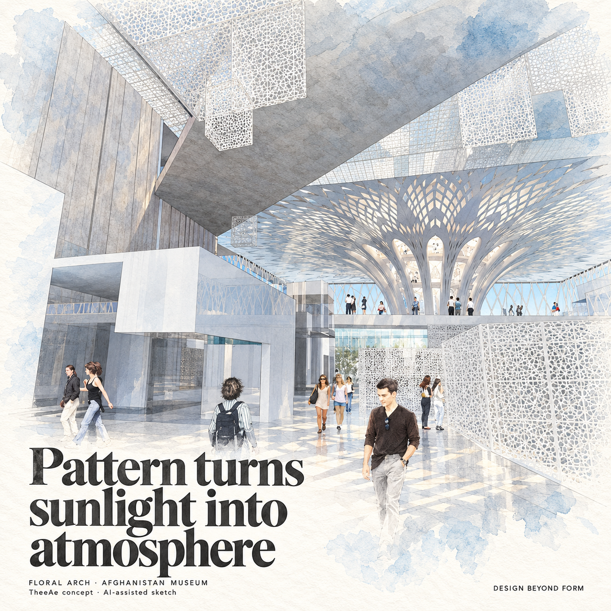 AI-assisted pastel architectural illustration for Floral Arch : The Museum of Afghanistan.