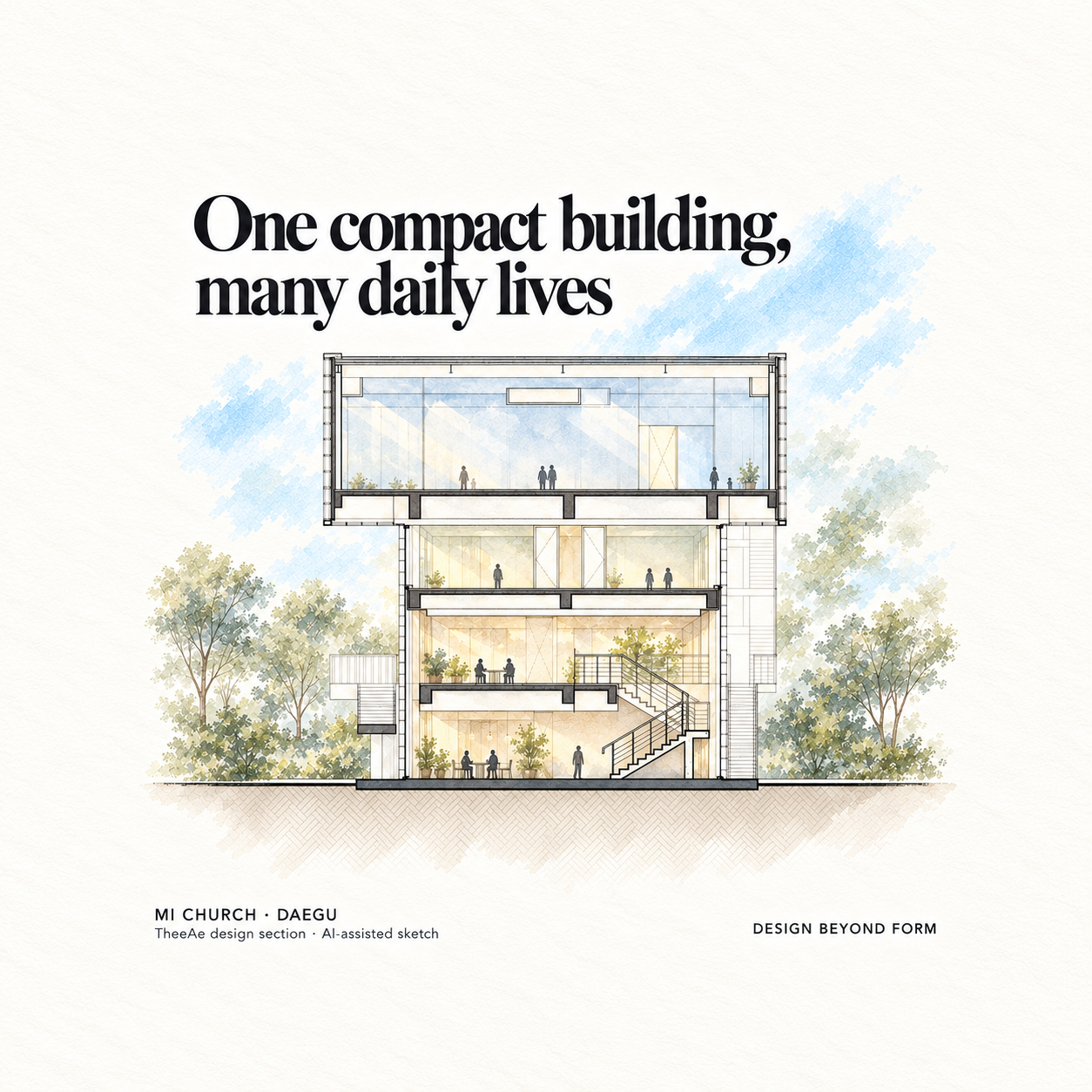 AI-assisted pastel architectural illustration for Mission International Church.