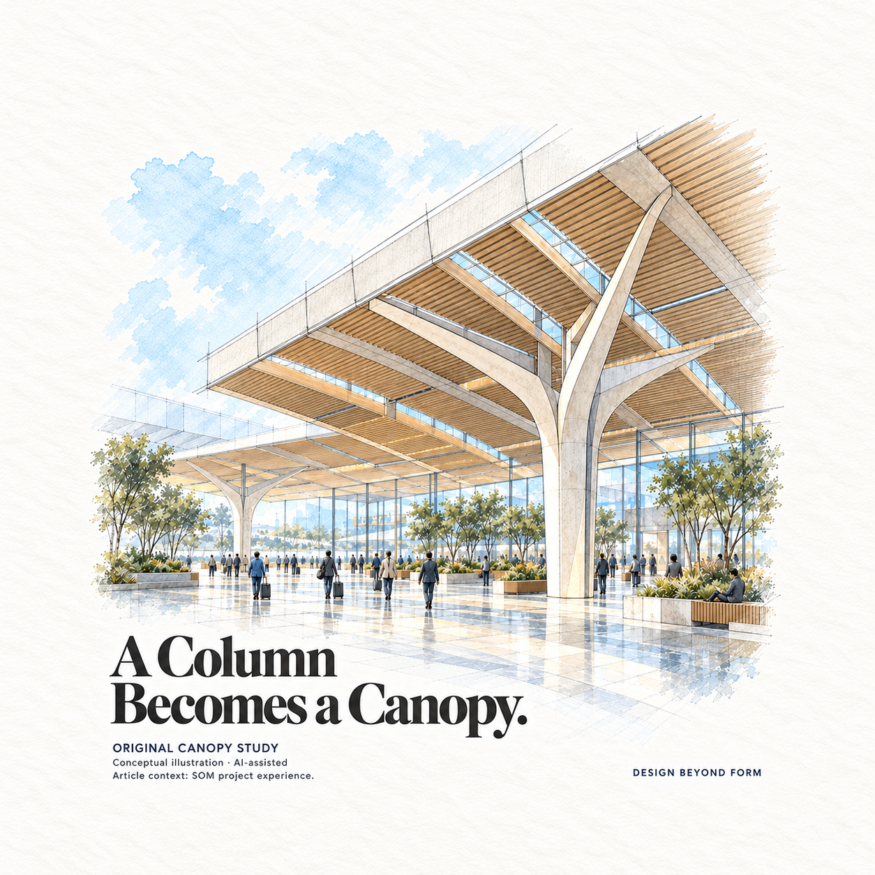AI-assisted pastel architectural illustration for Mumbai Airport.