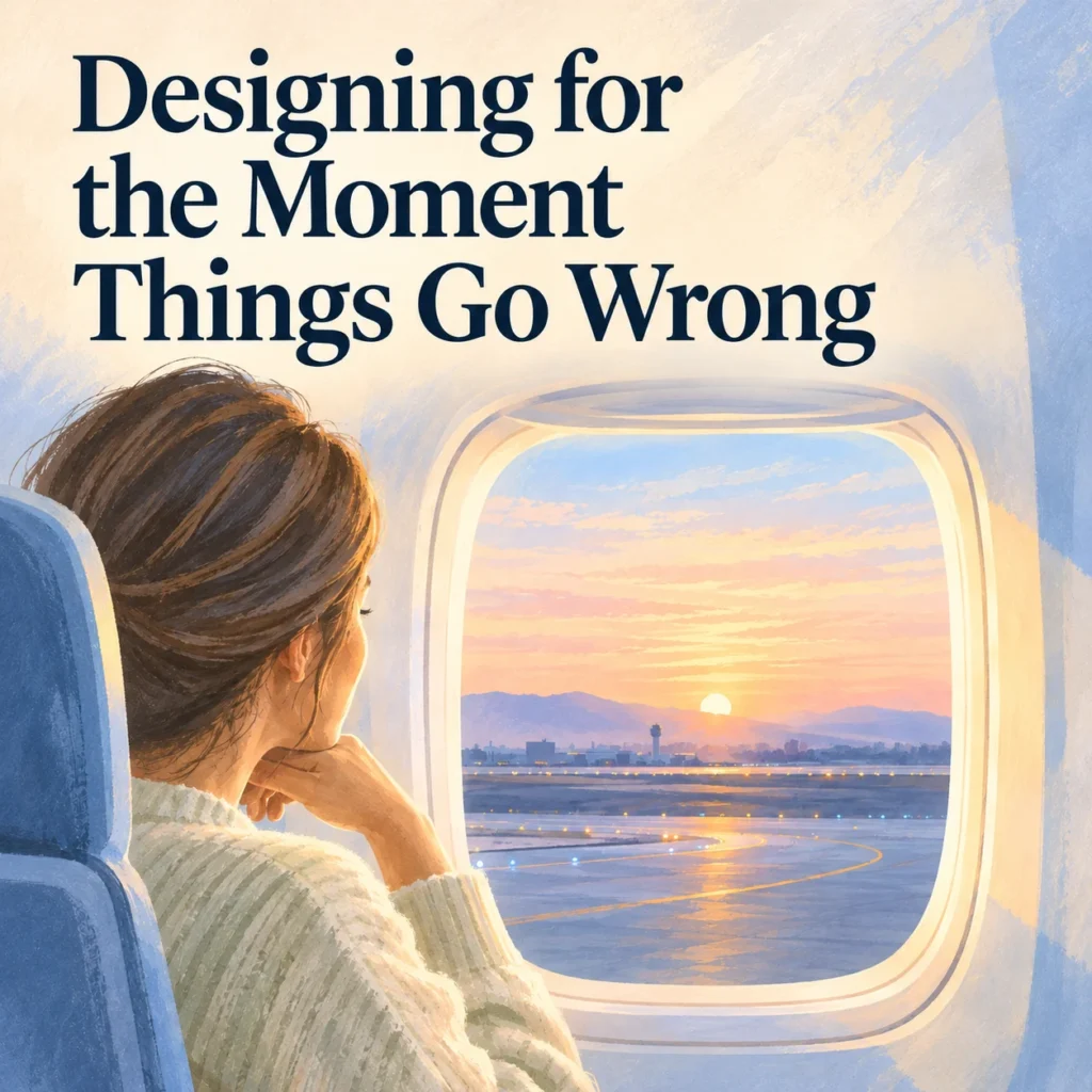 Designing for the Moment Things Go Wrong. Pastel illustration of a passenger looking through an aircraft window toward an airport at dawn.