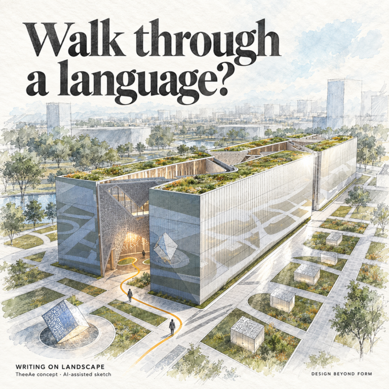 AI-assisted interpretive sketch of TheeAe's Museum of World Writing concept, with letter-patterned walls, paths and green-roofed museum volumes. An ochre line traces the entrance journey. Text: Walk through a language?